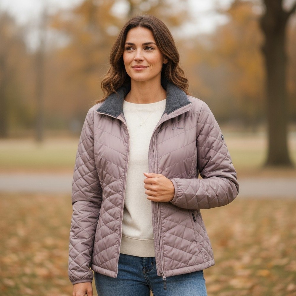 L.L.Bean Quilted Fleece Lined Jacket Lavender Primoloft Insulated Size L Reg